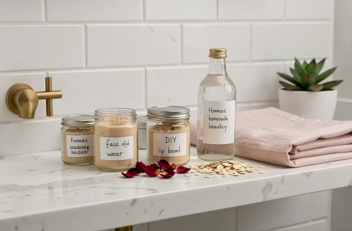 Étagère de salle de bain avec des produits cosmétiques faits maison dans des petits pots en verre étiquetés à la main