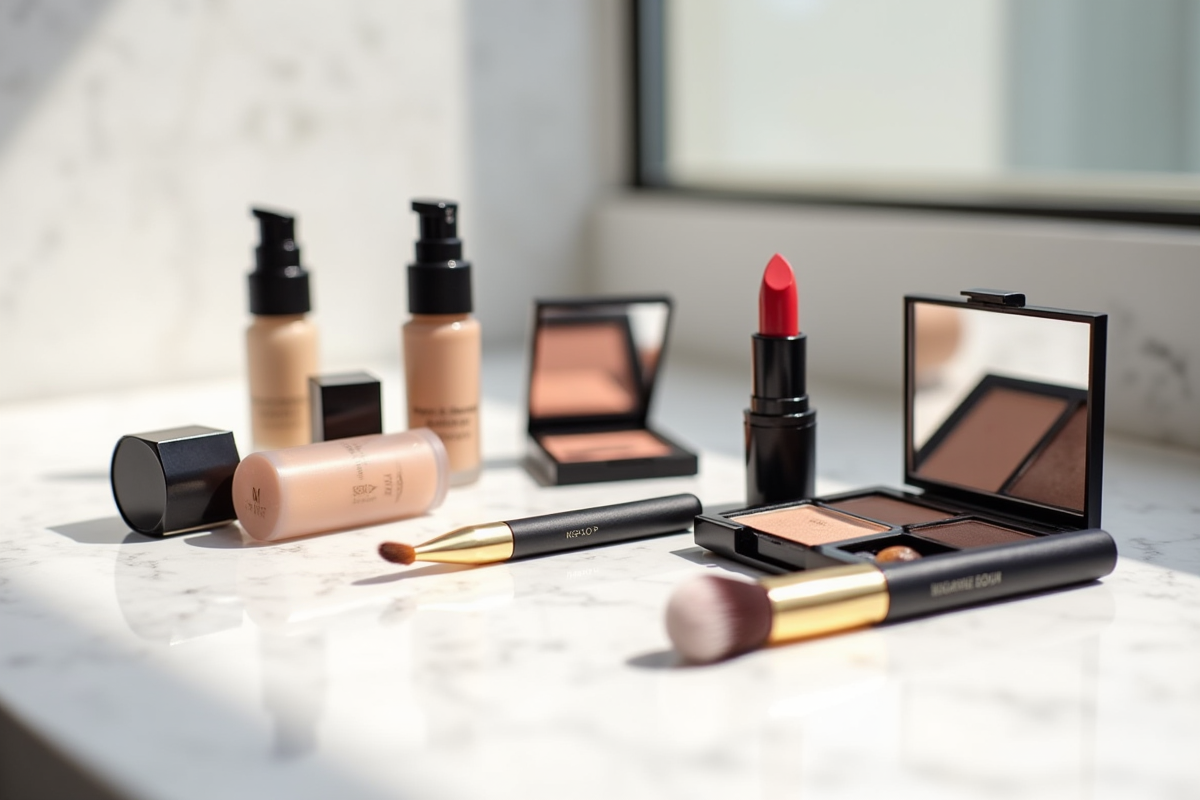 Produits de maquillage de luxe sur comptoir en marbre blanc