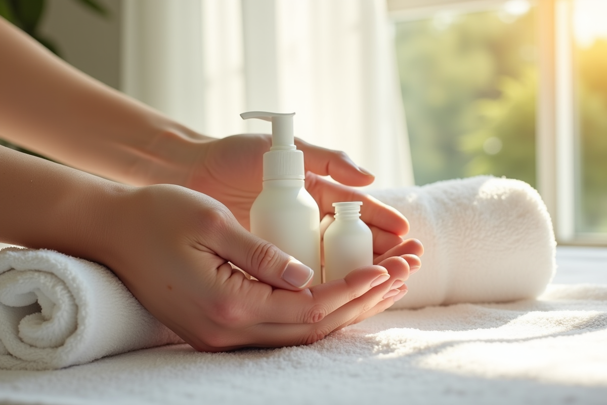 Mains tenant produits naturels et serviettes dans un spa