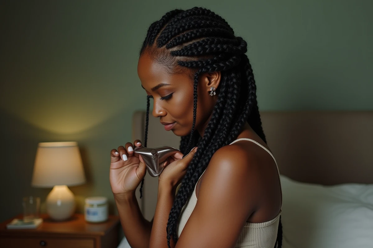 Femme enveloppant ses tresses africaines collées dans un foulard en satin la nuit pour protéger les cheveux et éviter la casse