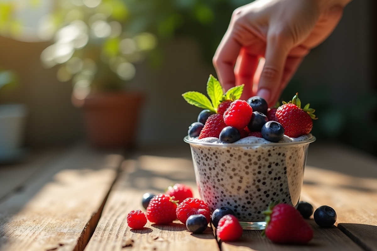 Main atteignant un pudding chia aux fruits et menthe sur bois