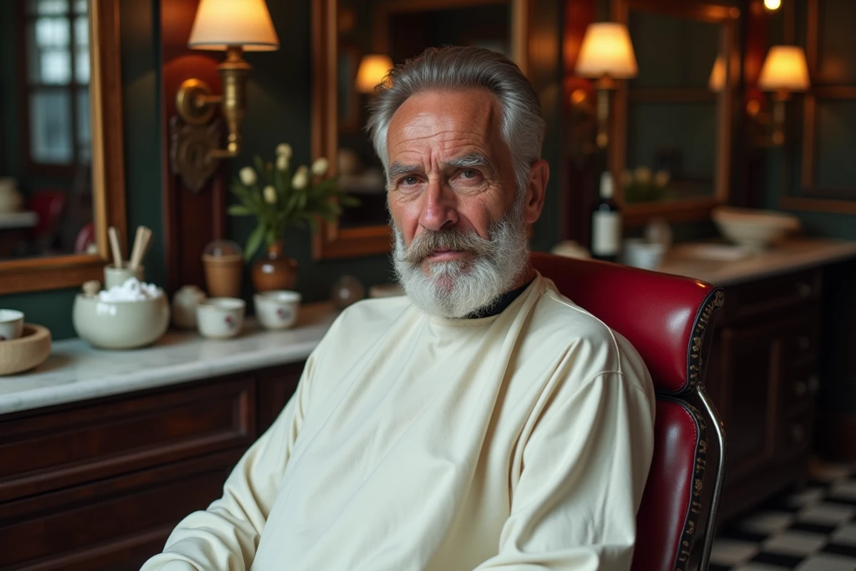 Homme en cape de barbier appliquant de la crème à raser avec un blaireau dans un salon de barbier traditionnel avec lames Treet