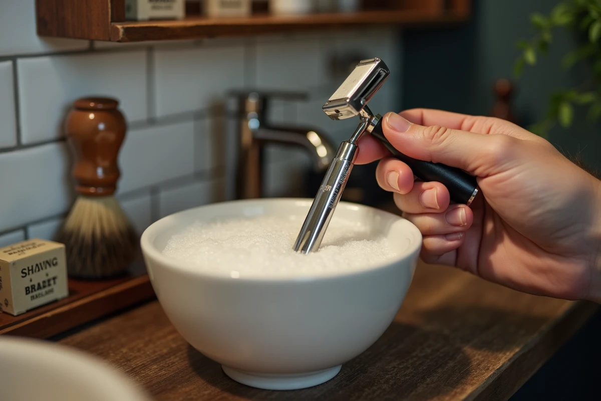 Gros plan sur un rasoir de sûreté à double tranchant avec une lame Treet tenu au-dessus d'un bol de savon à raser mousse dans une salle de bain vintage