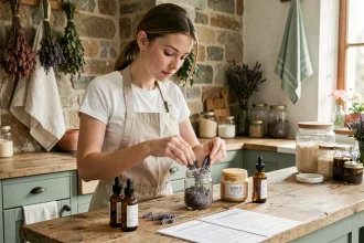 Femme préparant une recette beauté maison à base de lavande et beurre de karité dans une cuisine rustique
