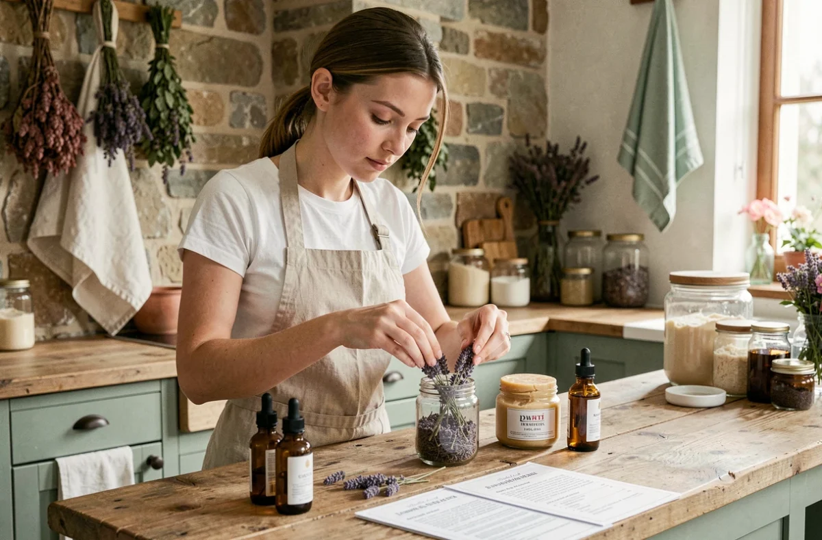 Femme préparant une recette beauté maison à base de lavande et beurre de karité dans une cuisine rustique