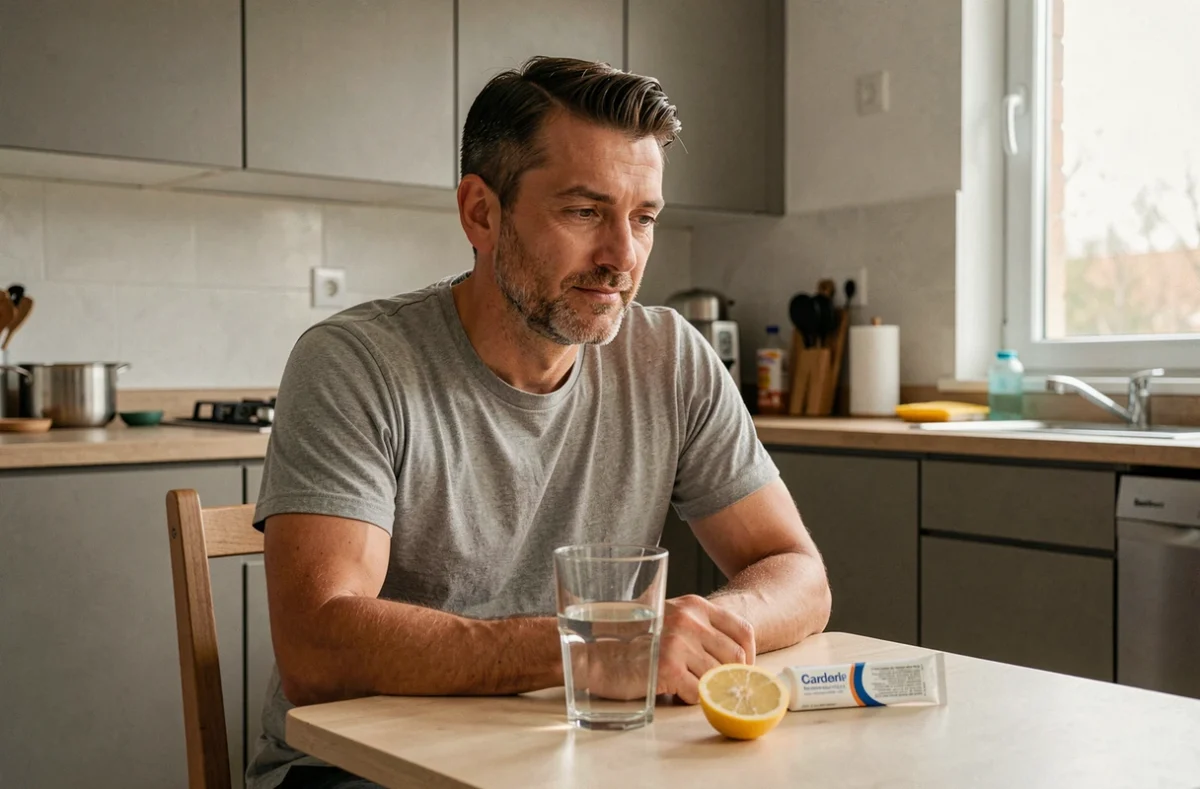 Homme dans une cuisine domestique entouré de remèdes naturels pour blanchir les dents comme le citron et le dentifrice blanchissant
