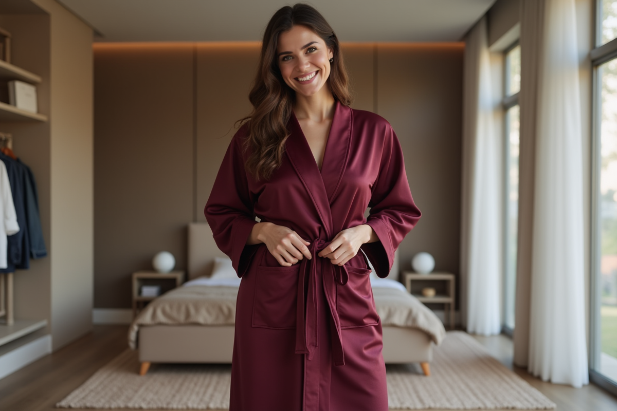 Femme en robe bordeaux ajustant sa ceinture dans une chambre