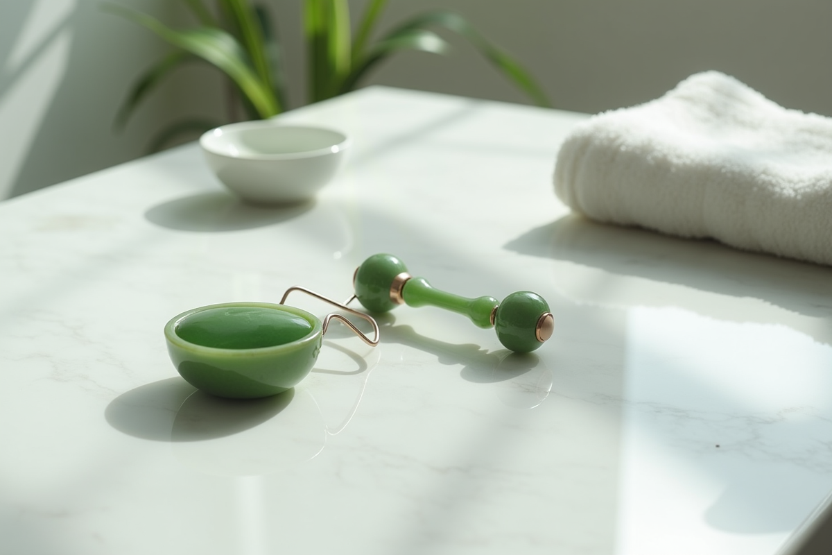 Rouleau de jade posé sur un comptoir en marbre blanc avec un bol d