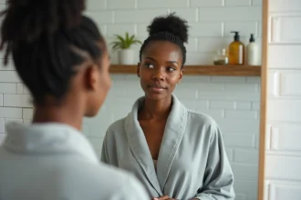 Femme aux cheveux naturels 4C en peignoir gris appliquant une routine de soin avant la pose de tresses africaines collées dans une salle de bain minimaliste