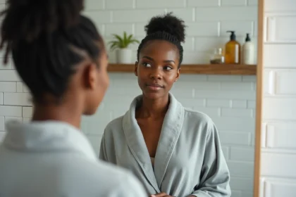 Femme aux cheveux naturels 4C en peignoir gris appliquant une routine de soin avant la pose de tresses africaines collées dans une salle de bain minimaliste
