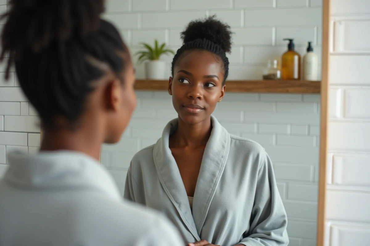 Femme aux cheveux naturels 4C en peignoir gris appliquant une routine de soin avant la pose de tresses africaines collées dans une salle de bain minimaliste