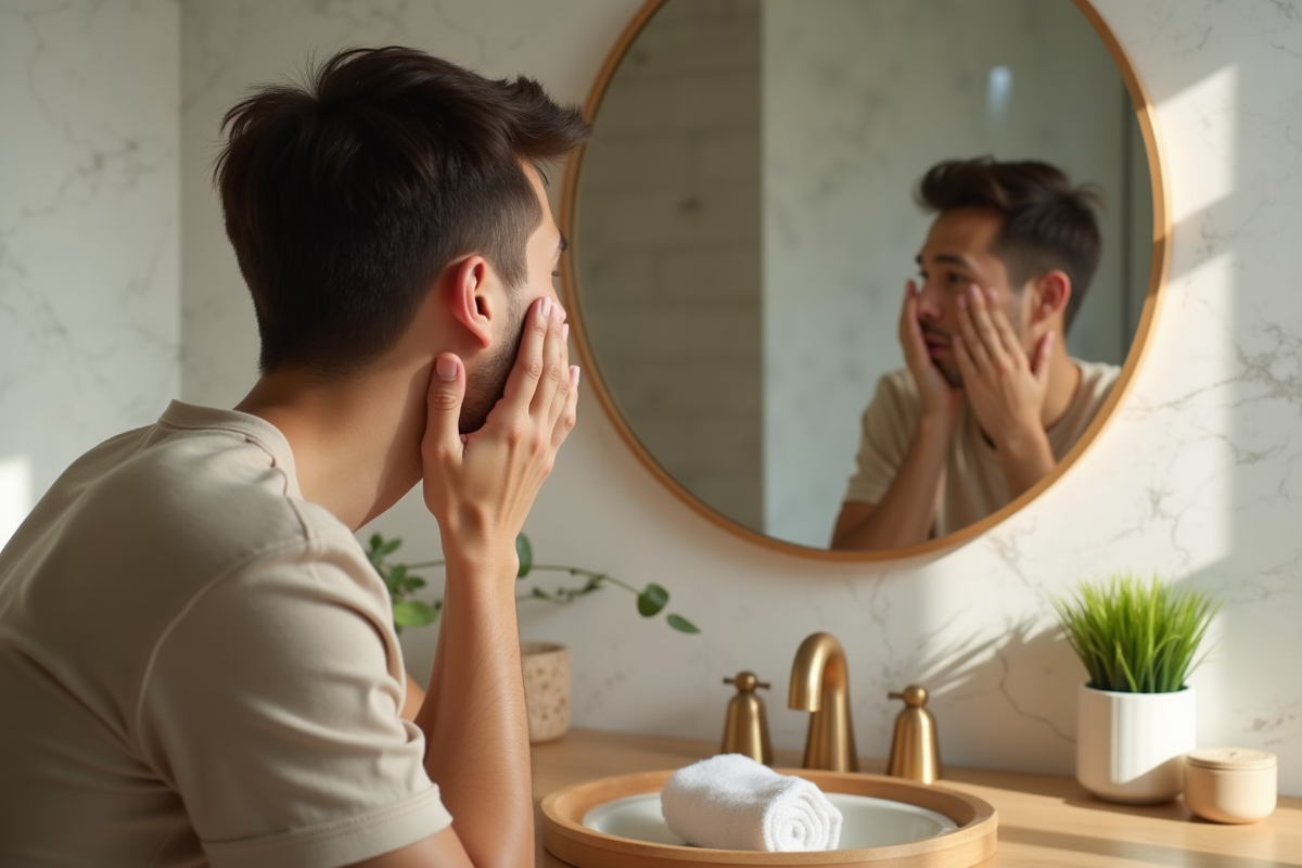 Jeune homme appliquant un serum dans sa routine beauté à la maison