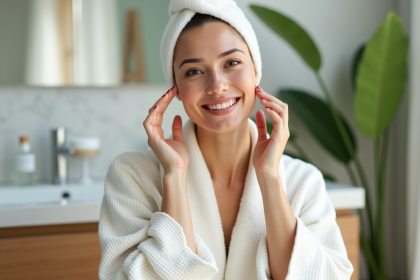Femme appliquant un baume nettoyant sur son visage dans une salle lumineuse