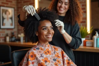 Femme aux cheveux afro naturels en plein soin dans un salon spécialisé, coiffeuse travaillant sur sa chevelure avec un peigne à dents larges