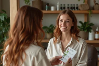 Femme dans un salon &eacute;cologique regardant son reflet