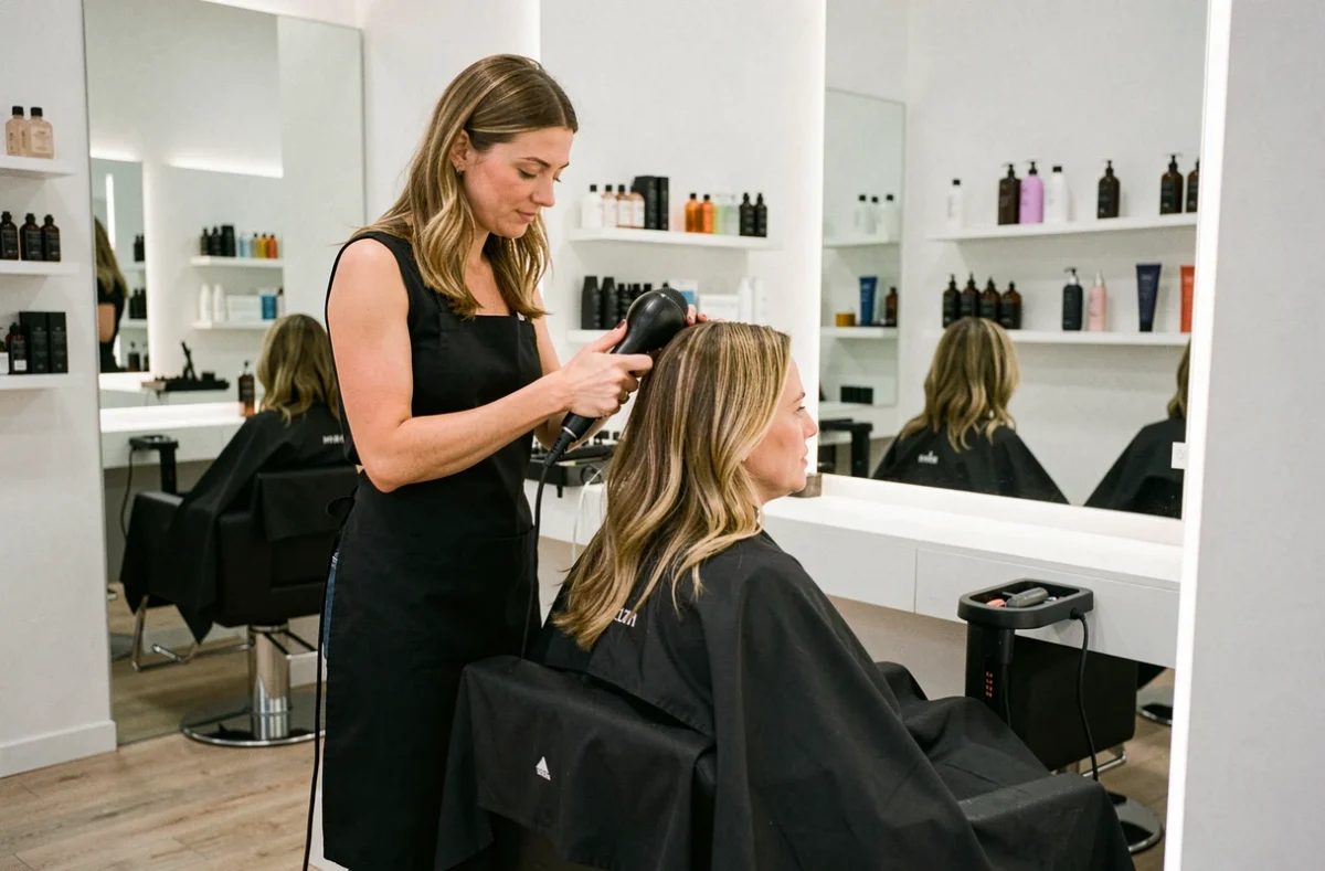 Styliste effectuant un brushing pour une cliente au salon Le 233 à Cugnaux