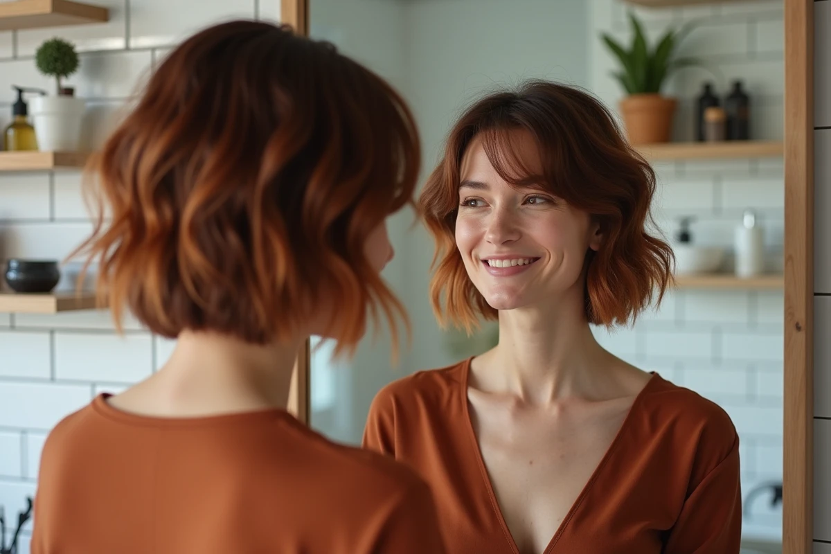 Femme avec coupe shaggy courte et balayage cuivré reflétée dans un miroir de salle de bain style nordique
