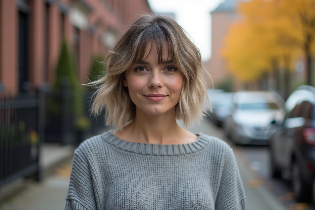 Femme aux cheveux courts shaggy avec balayage blond cendré et frange rideau en extérieur urbain automnal