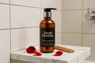 Flacon de shampoing Kevin Murphy pour cheveux colorés posé sur une étagère en marbre blanc dans une salle de bain épurée