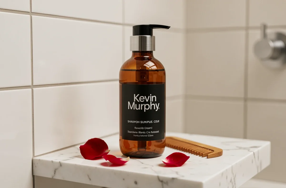 Flacon de shampoing Kevin Murphy pour cheveux colorés posé sur une étagère en marbre blanc dans une salle de bain épurée