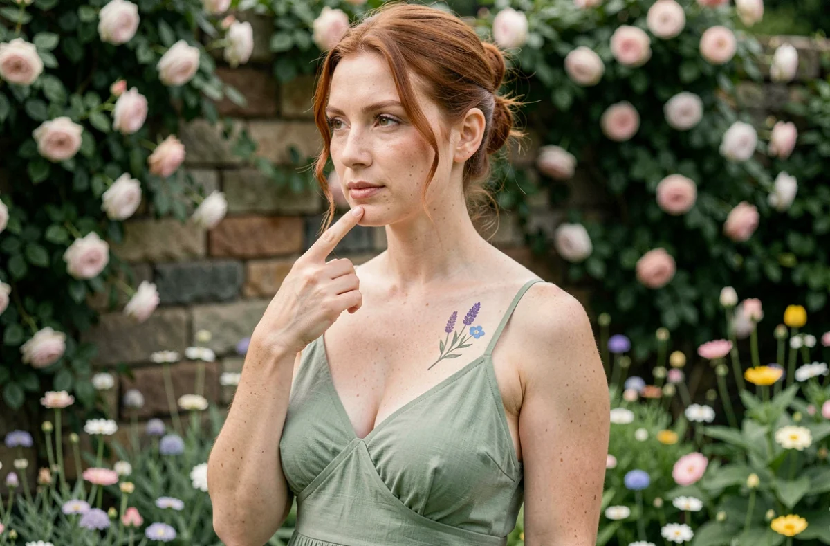Femme dans un jardin botanique touchant son tatouage de lavande et myosotis sur la clavicule, évoquant la symbolique des fleurs tatouées