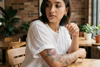 Femme montrant un tatouage floral de pivoine et rose sur l'avant-bras dans un café urbain, illustrant la signification des fleurs en tatouage