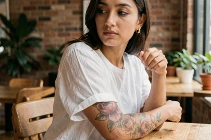 Femme montrant un tatouage floral de pivoine et rose sur l'avant-bras dans un café urbain, illustrant la signification des fleurs en tatouage