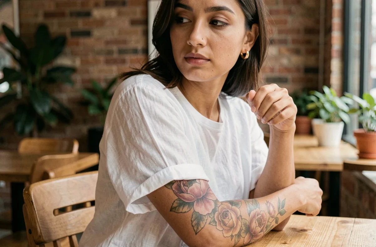 Femme montrant un tatouage floral de pivoine et rose sur l'avant-bras dans un café urbain, illustrant la signification des fleurs en tatouage