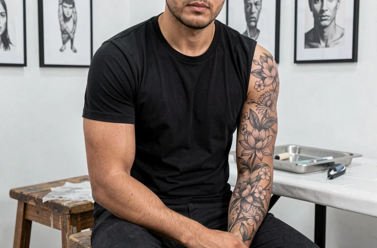 Homme en studio de tatouage présentant un sleeve botanique avec lotus et cerisier japonais, représentant les symboles floraux tatoués