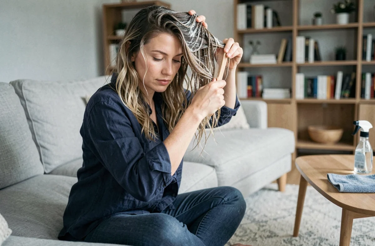 Femme aux cheveux ondulés appliquant un soin sans rinçage pour dompter les frisottis sur un canapé