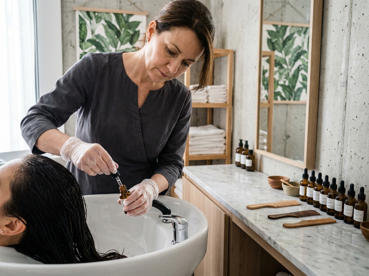 Thérapeute appliquant un soin capillaire sur le cuir chevelu d'une cliente au bac à shampoing dans un spa urbain minimaliste