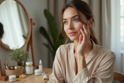 Femme appliquant une base hydratante visage