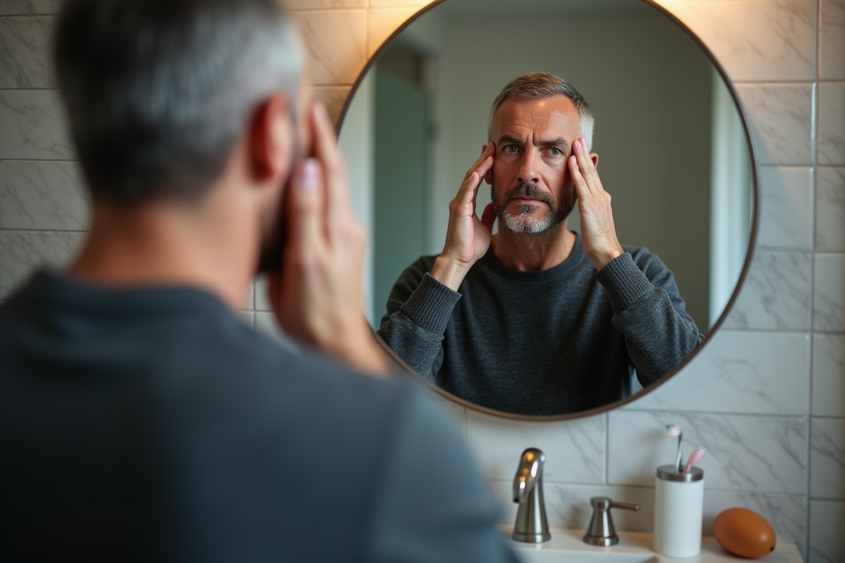 Homme regardant son visage dans un miroir