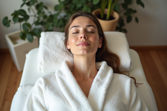 Femme recevant un soin visage relaxant dans un spa moderne