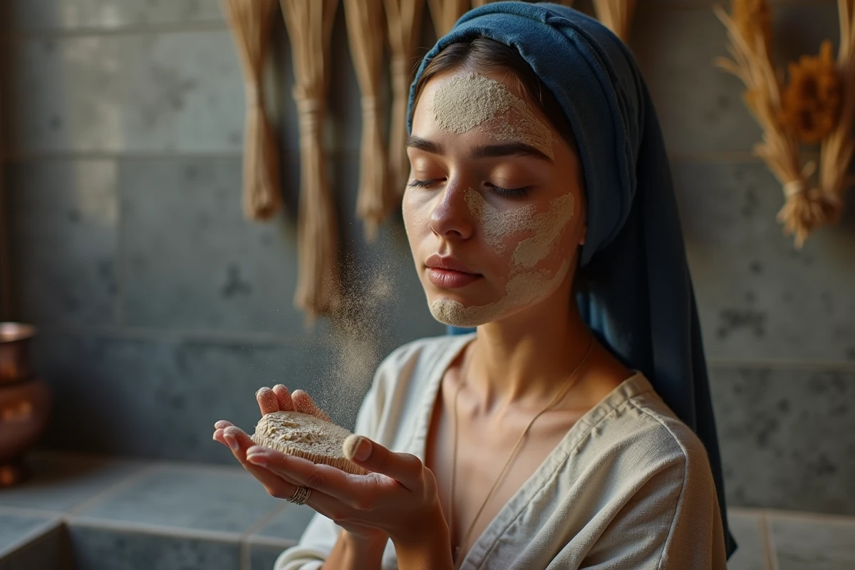 Jeune femme marocaine appliquant de l'argile rhassoul sur son visage dans un hammam traditionnel au Maroc