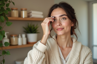 Femme appliquant un serum naturel autour des yeux