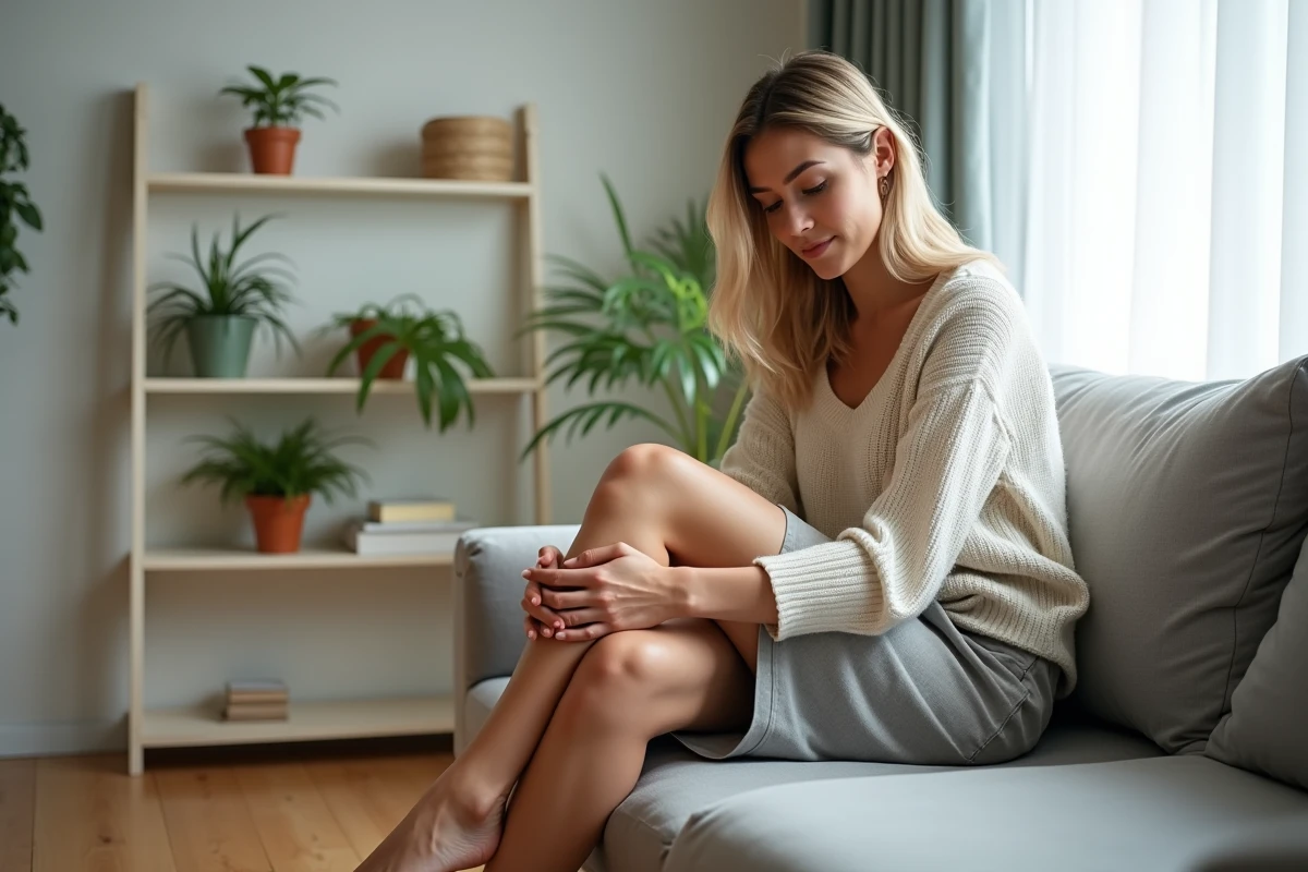 Femme assise se massant les jambes avec creme naturelle