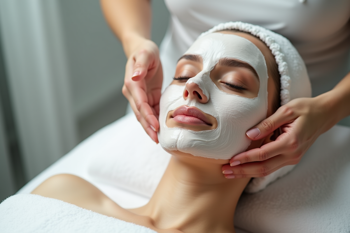 Femme recevant un soin visage dans un spa moderne