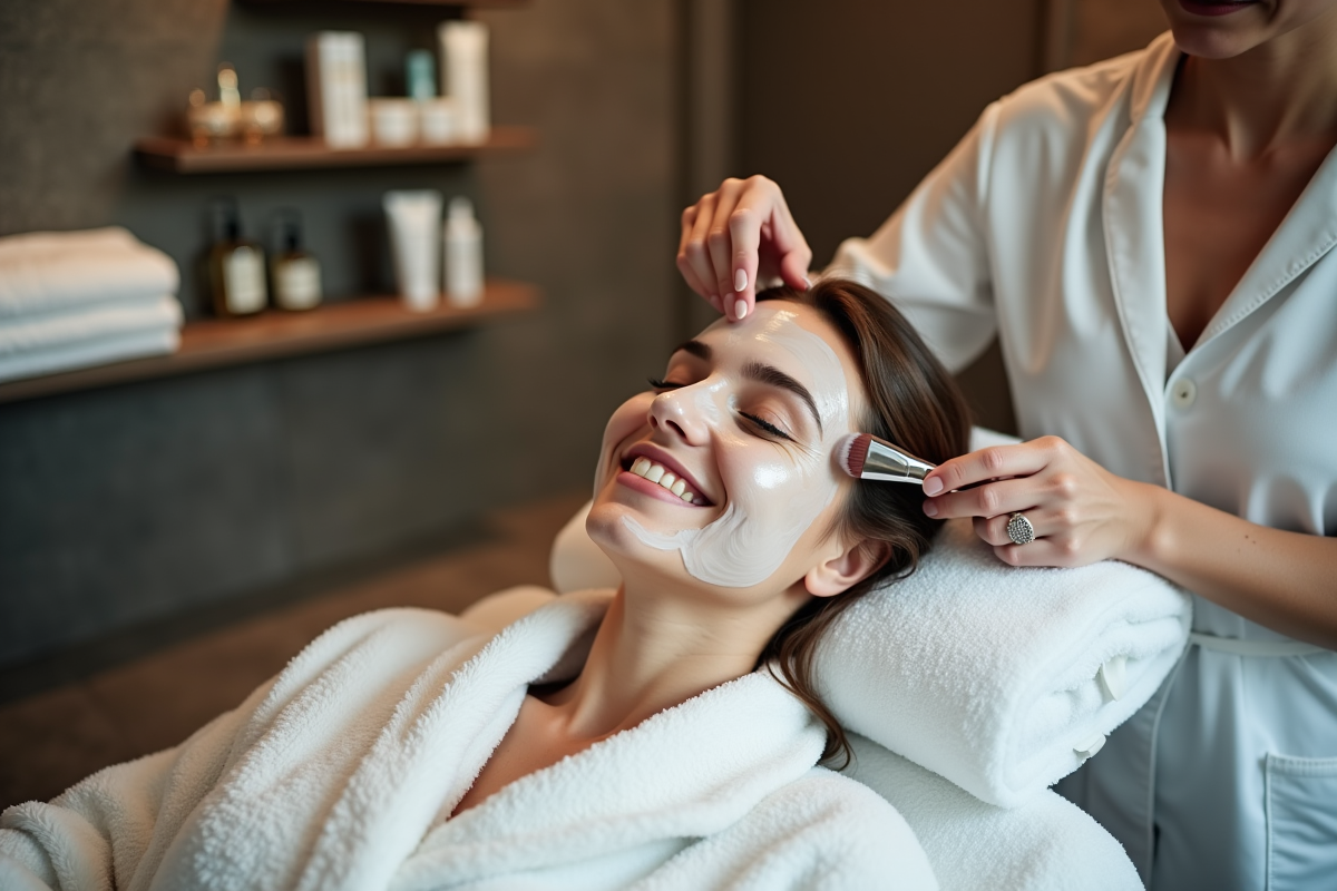 Femme souriante en robe blanche lors d'un soin visage dans un spa