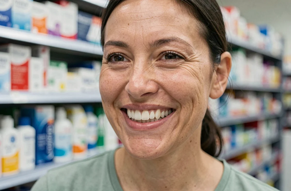 Portrait souriant d'une femme aux dents blanches naturelles devant un rayon de produits de soin bucco-dentaire en pharmacie