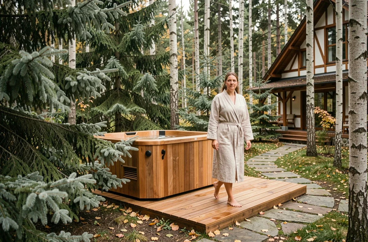Femme en peignoir profitant du bain nordique en plein air au Bio et Spa Hôtel La Clairière à La Petite-Pierre, entourée de sapins vosgiens