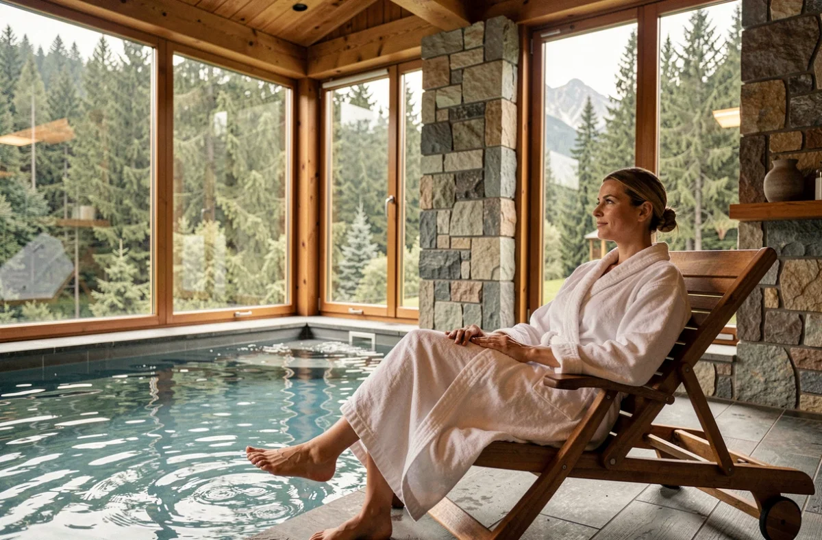 Femme en peignoir blanc se relaxant au spa La Cheneaudière à Colroy-la-Roche, avec piscine intérieure et vue sur la forêt vosgienne