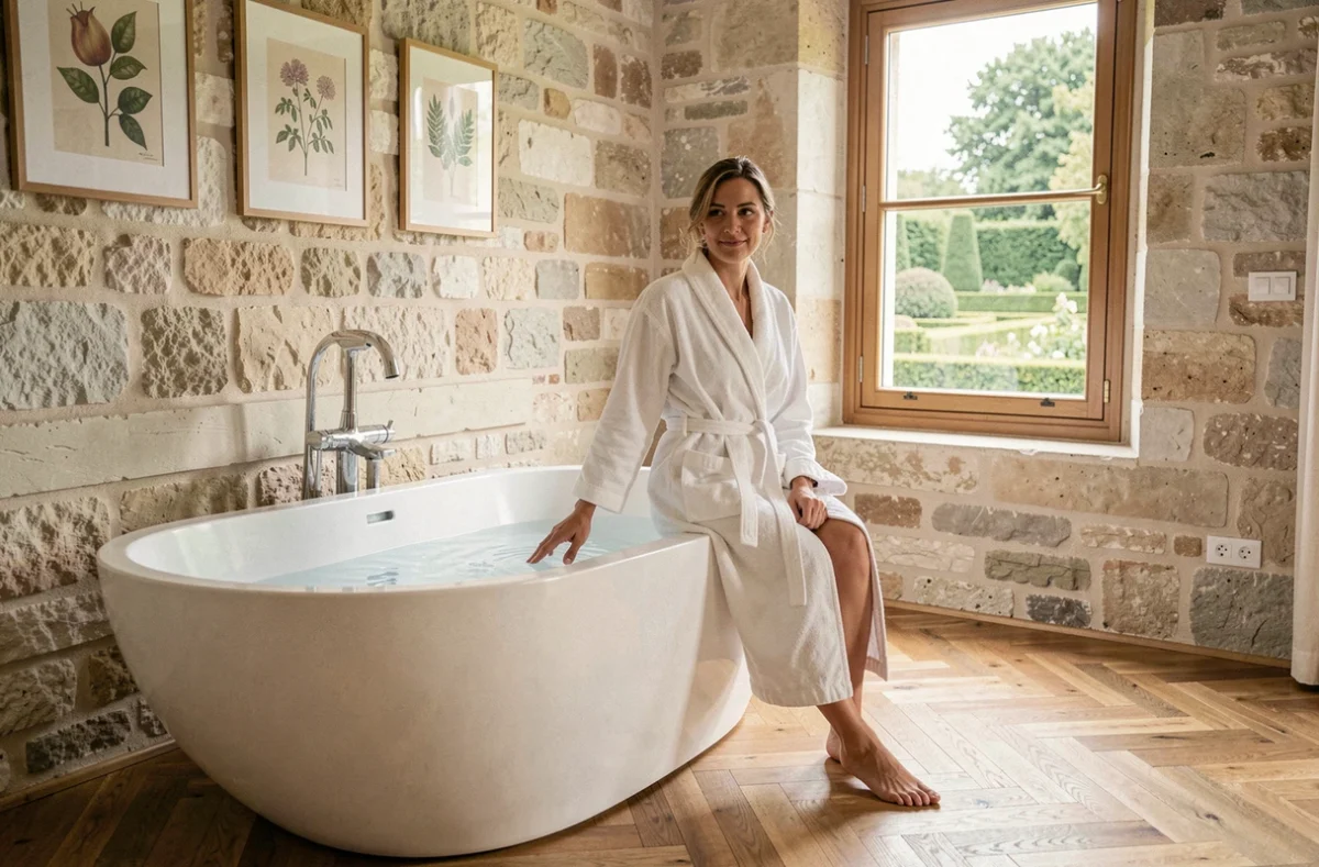 Femme en peignoir blanc au bord d'une baignoire ovale dans la suite spa du Clos des Huy Prés à Reims, avec murs en pierre et parquet en chêne