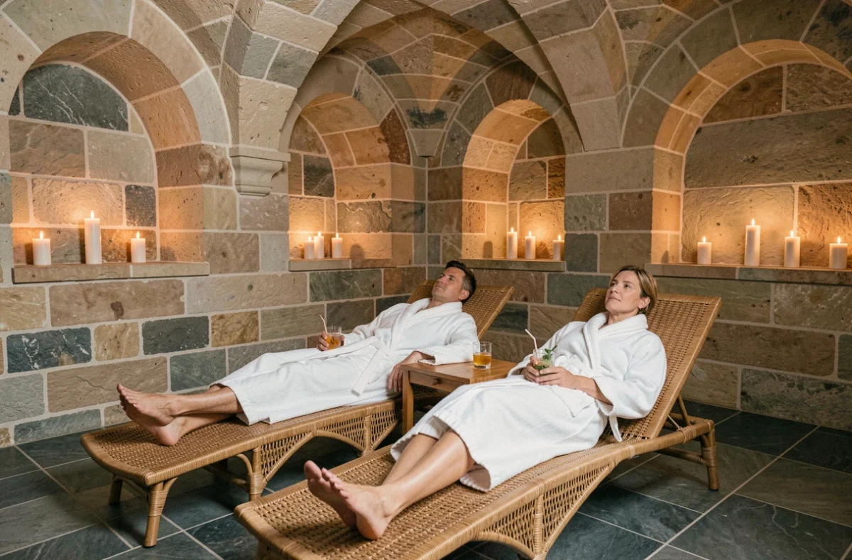 Couple en peignoir se reposant dans la salle de relaxation voûtée du Clos des Sources à Thannenkirch, en Alsace