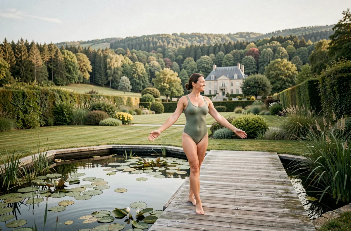 Femme profitant de la baignade naturelle dans le jardin paysager du Domaine de la Klauss à Montenach, en Moselle
