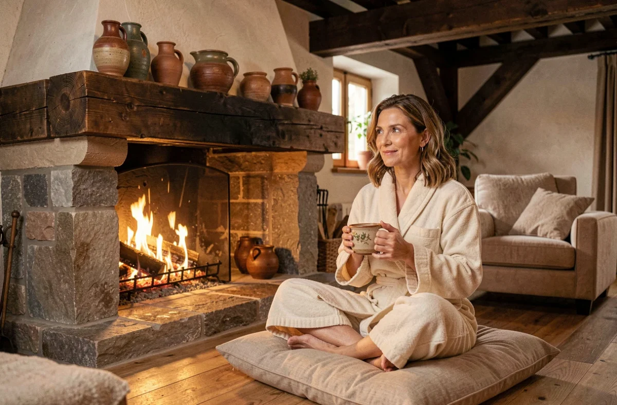 Femme en peignoir savourant une tisane au coin feu dans le salon spa de l'Hôtel Les Violettes à Jungholtz, en Alsace