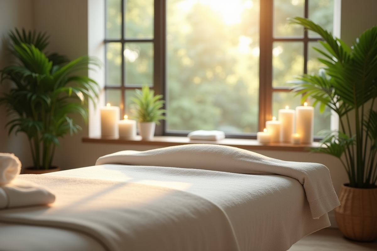 Intérieur de spa serein avec table de massage et lumière naturelle