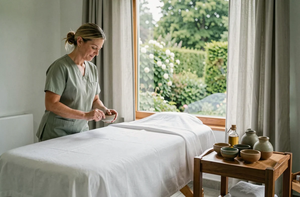 Thérapeute préparant des soins aromatiques dans une cabine de massage du spa La Source des Sens à Morsbronn-les-Bains