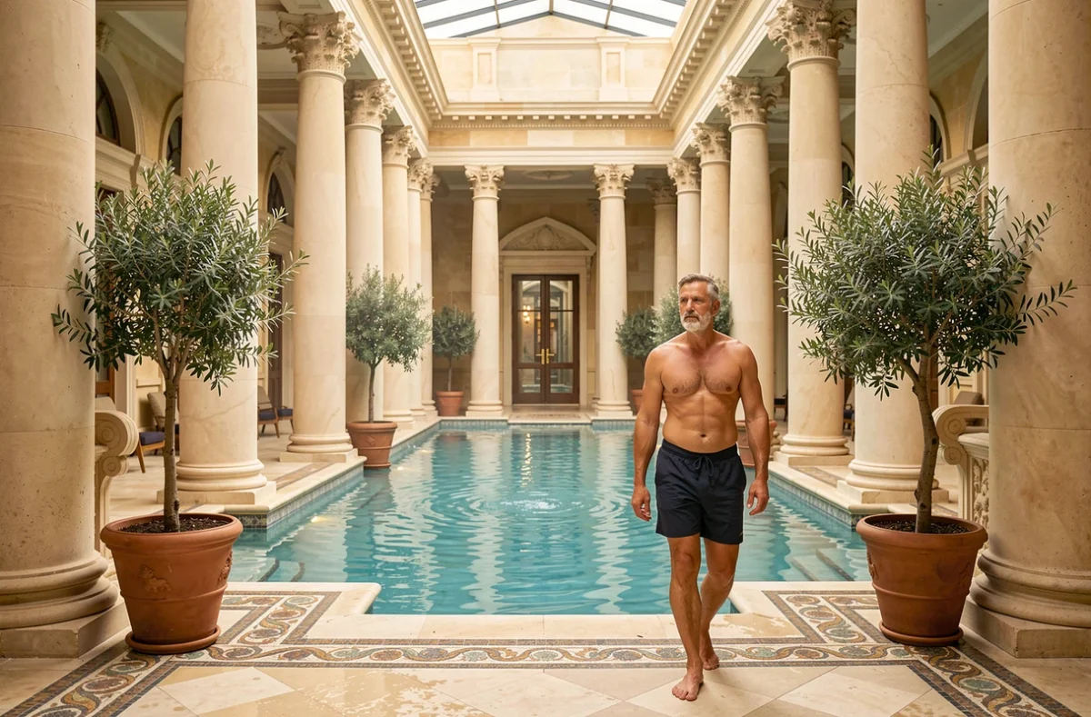 Homme se promenant au bord de la grande piscine intérieure néoclassique et verdoyante de Villa Pompei à Amnéville, en Moselle