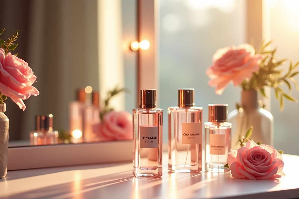 Table de maquillage avec parfums et fleurs fraîches en matinée